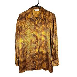 Retro Animal Print Metallic Shirt M Gold Shiny Neutral Preppy Classic Chic Glam